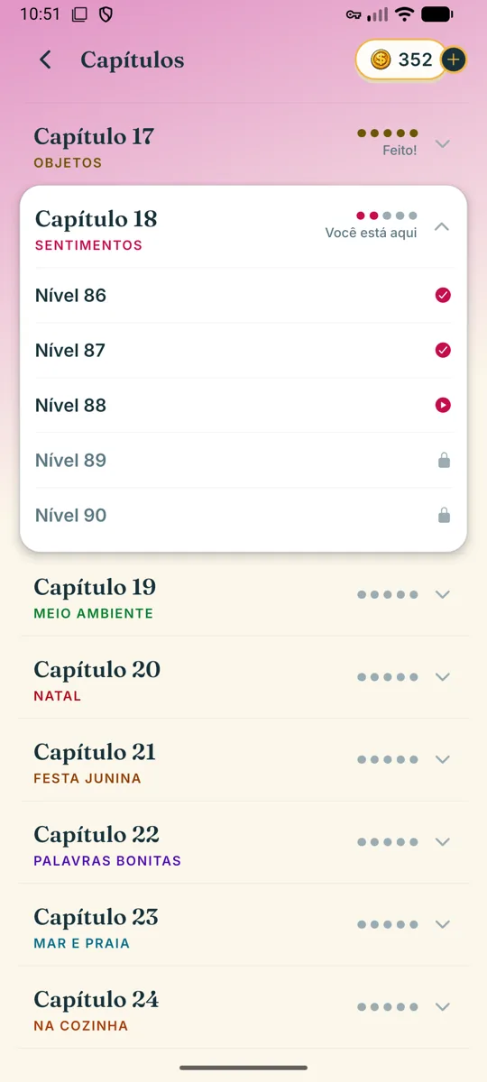 Lista de capítulos do Caça-Palavras, cada um com um tema e cinco níveis
